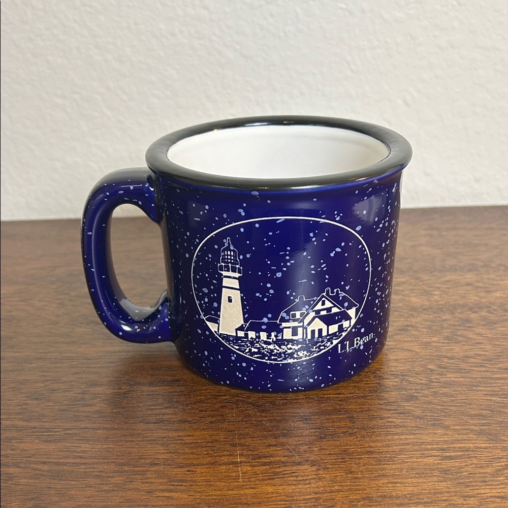 L.L. Bean Large Blue Speckled Ceramic Stoneware 16oz. Lighthouse Coffee Tea Mug